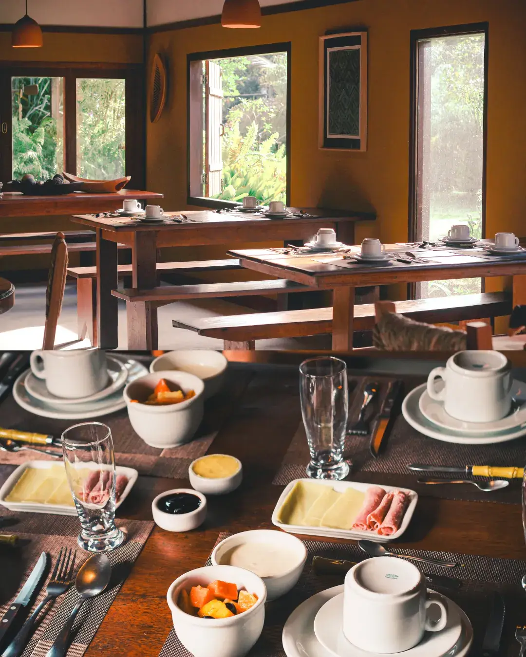 Mesa de café da manhã preparada para receber hóspedes