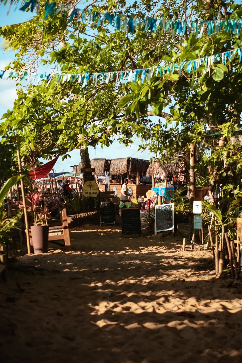 Rua da Vila de Caraíva entre vegetação e construções